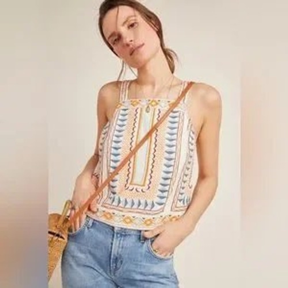 Anthropologie Island Embroidered Boho Linen Cotton Crop Tank Top Women's Size‎ 0